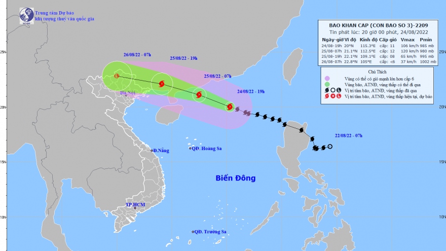 Sáng 25/8, bão số 3 cách Móng Cái khoảng 500km