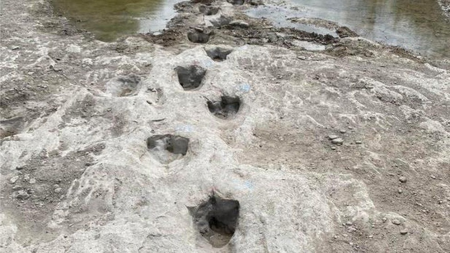 Hồ cạn trơ đáy để lộ dấu chân khủng long niên đại 113 triệu năm