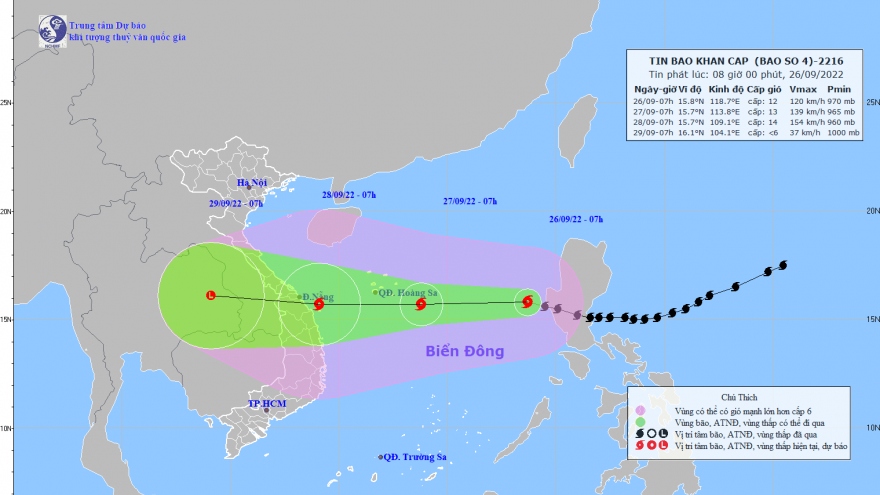 Bão số 4 mạnh cấp 12, giật cấp 14 hướng thẳng về quần đảo Hoàng Sa