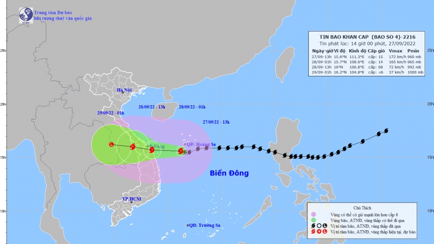 Bão số 4 cách Đà Nẵng-Quảng Ngãi khoảng 270km, giật trên cấp 17