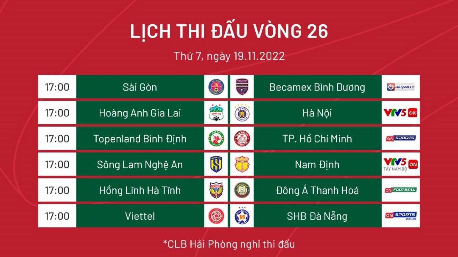 Lịch thi đấu bóng đá hôm nay 19/11: V-League 2022 hạ màn