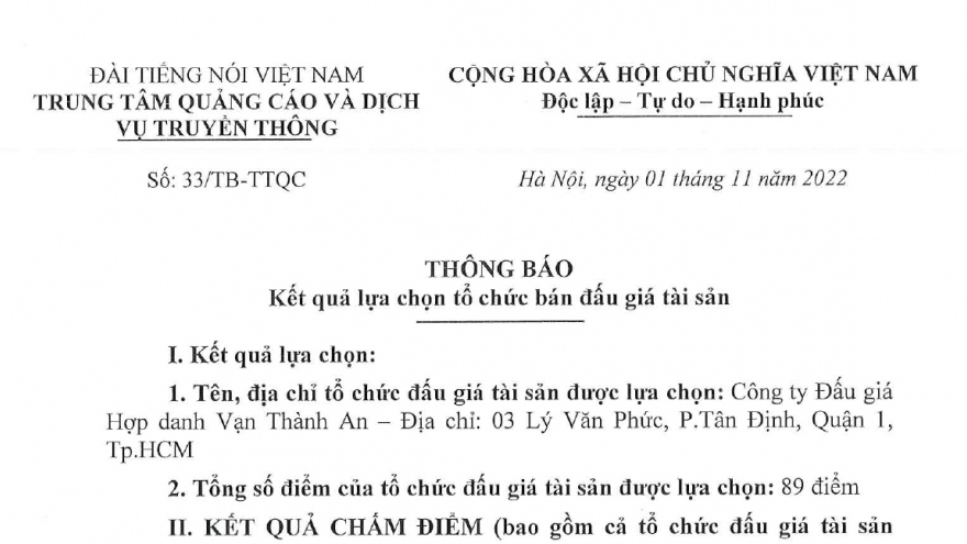 Đài Tiếng nói Việt Nam thông báo kết quả lựa chọn tổ chức bán đấu giá tài sản