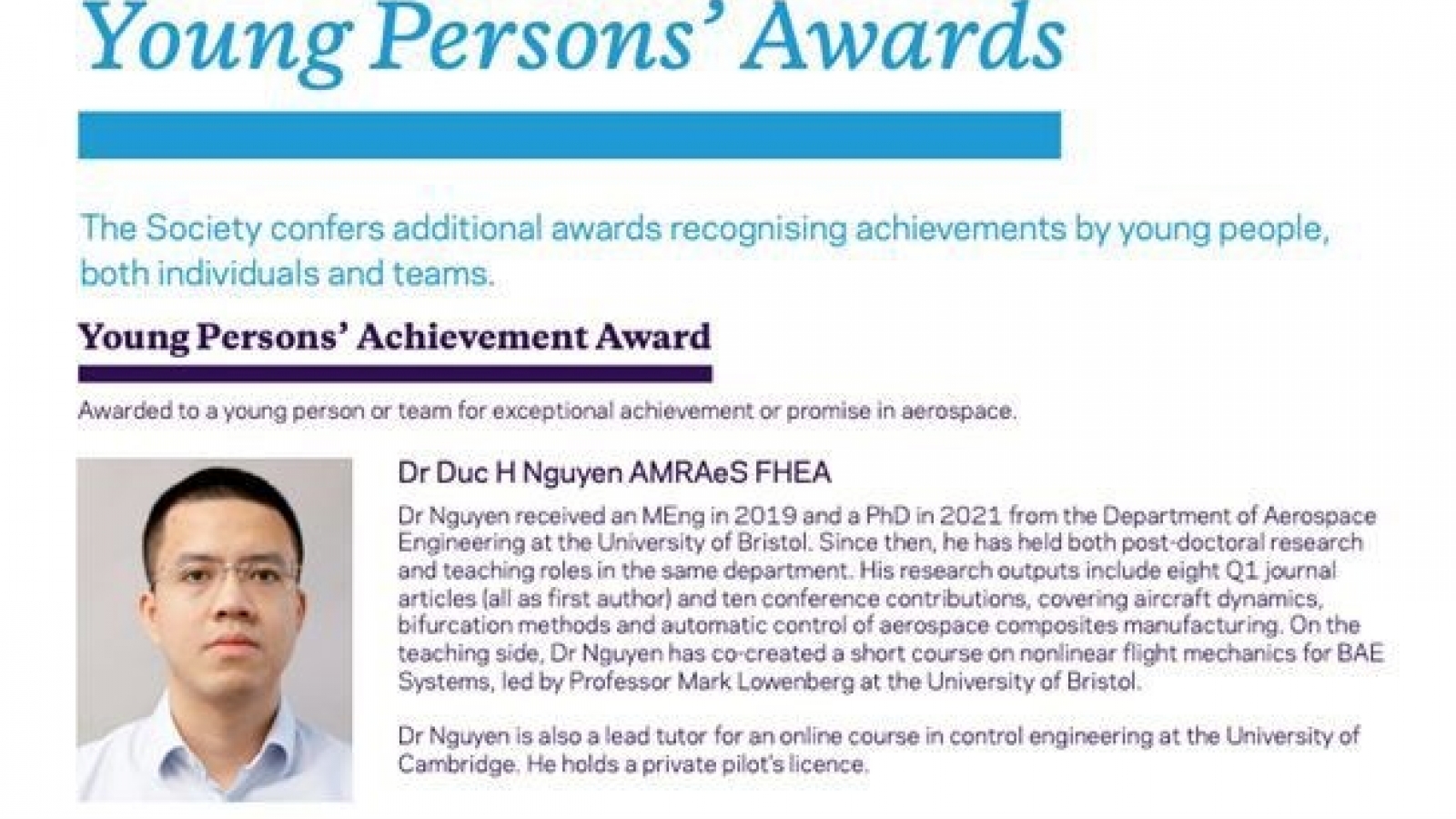 Young scientist becomes first Vietnamese awarded by UK Royal Aeronautical Society