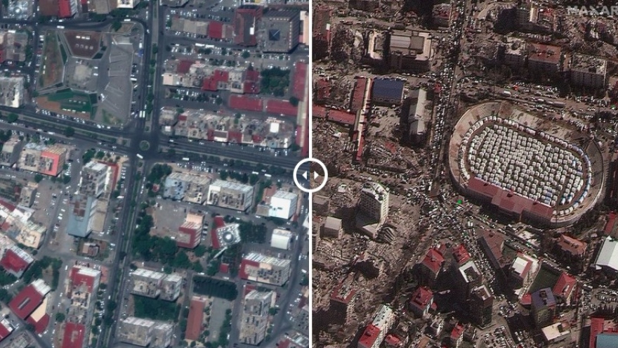 Ảnh trước và sau cho thấy mức độ phá hủy khủng khiếp của động đất ở Thổ Nhĩ Kỳ