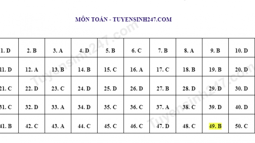 Đáp án môn Toán bài thi tham khảo kỳ thi tốt nghiệp THPT 2023