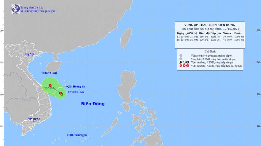 Vùng áp thấp đang ở ngoài khơi Trung Trung Bộ và có khả năng mạnh dần lên
