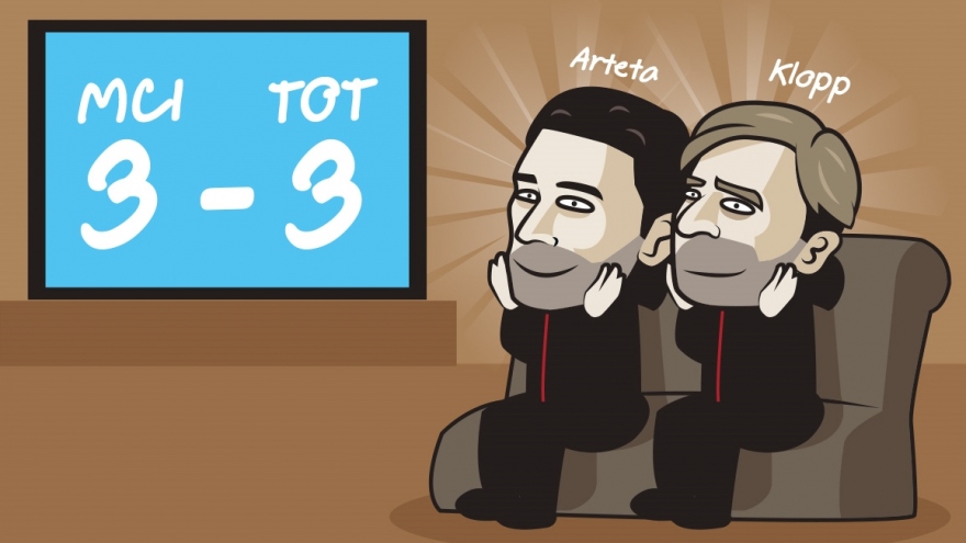 Biếm họa 24h: HLV Klopp và HLV Arteta hào hứng cổ vũ cho Tottenham