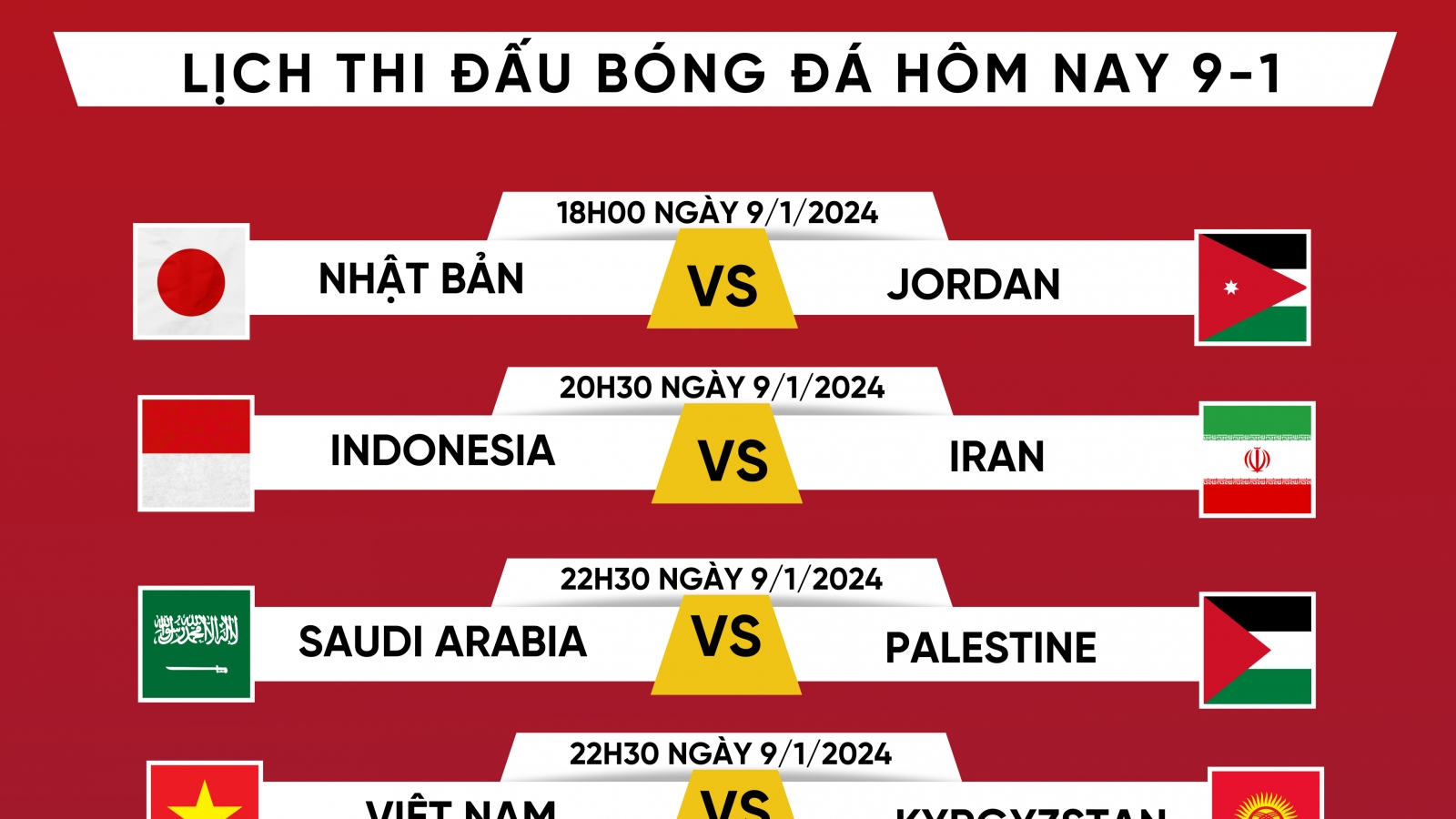 Lịch thi đấu bóng đá hôm nay (9/1): ĐT Việt Nam gặp Kyrgyzstan
