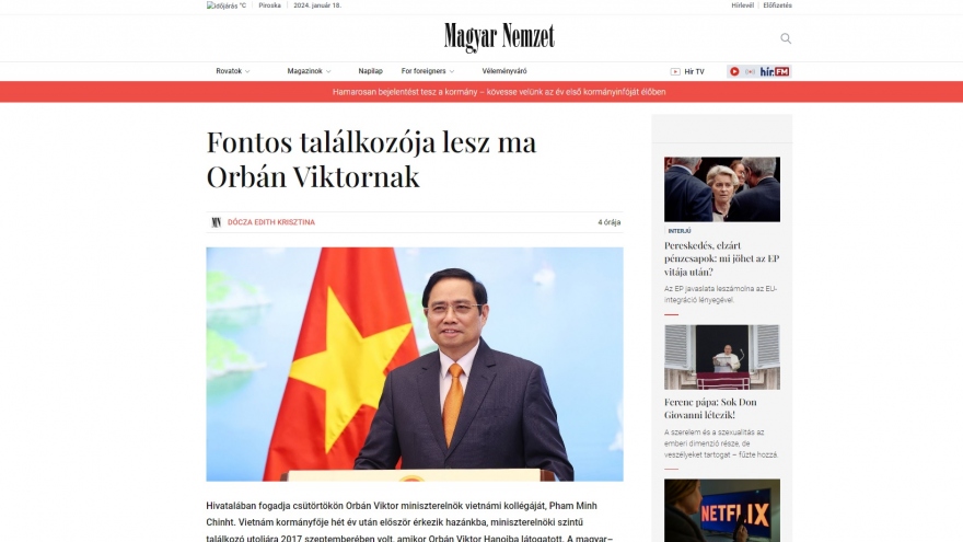 Báo chí Hungary chào mừng chuyến thăm của Thủ tướng Phạm Minh Chính