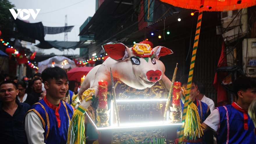 Crowds gather for pig procession festival in Hanoi