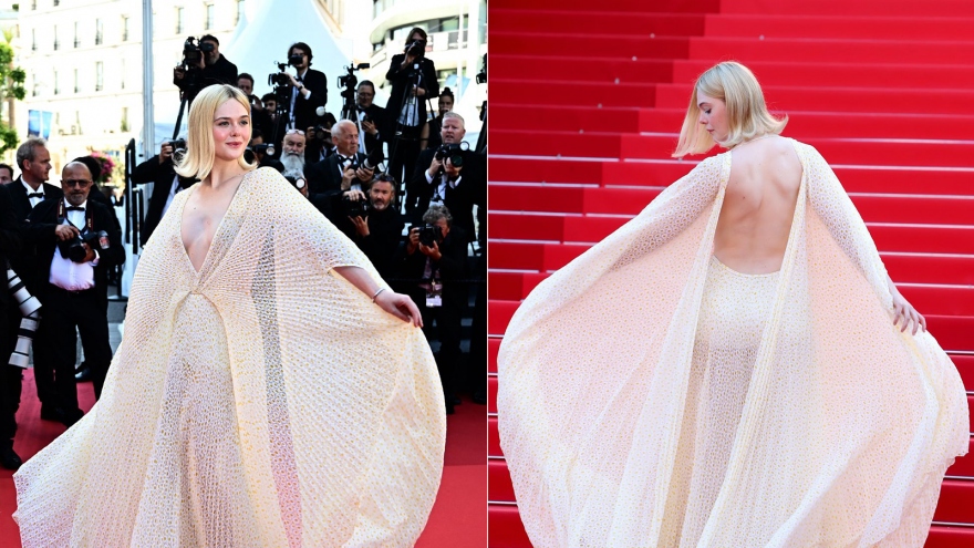 Elle Fanning diện đầm hở bạo khoe lưng trần trên thảm đỏ bế mạc LHP Cannes