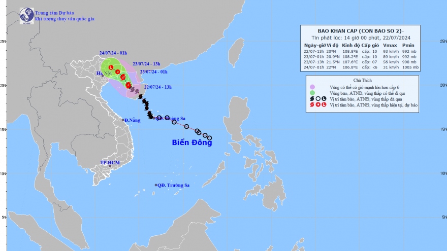 Vị trí tâm bão số 2 cách đảo Bạch Long Vĩ khoảng 120km về phía Đông