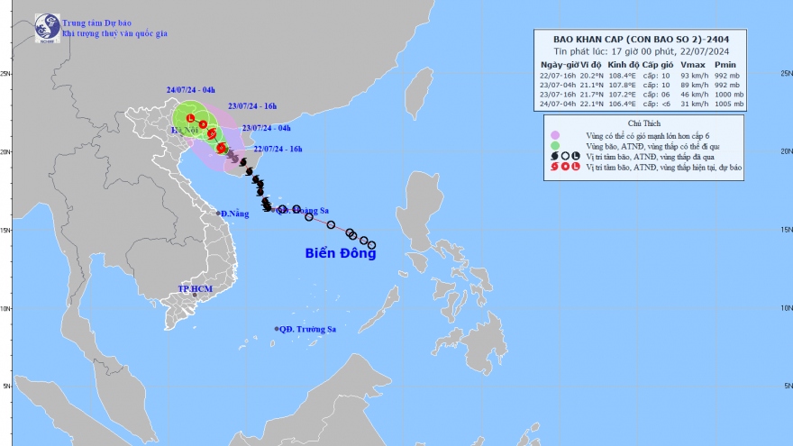 Bão số 2 cách Quảng Ninh-Hải Phòng khoảng 170km về phía Đông Đông Nam