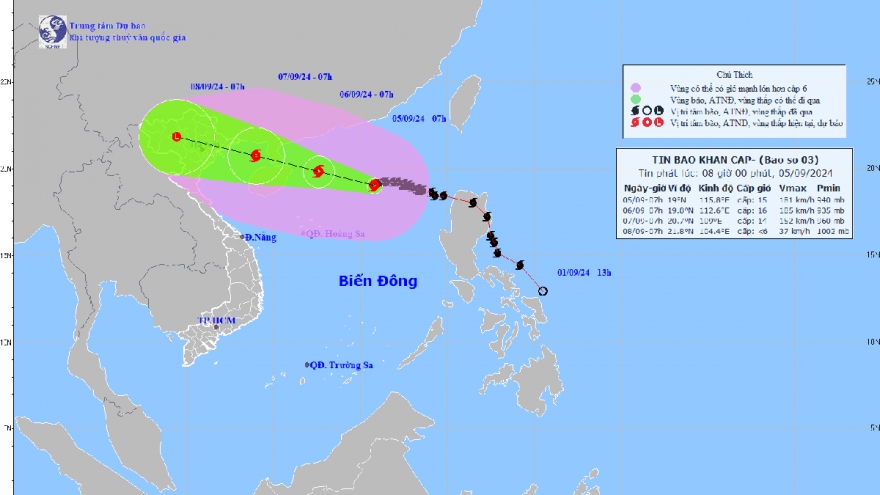 Bão số 3 di chuyển theo hướng Tây, sức gió 183km/h