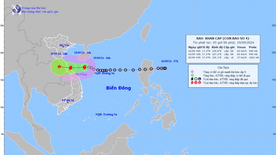 Áp thấp nhiệt đới mạnh lên thành bão số 4, cách Đà Nẵng 210km về phía Đông Bắc