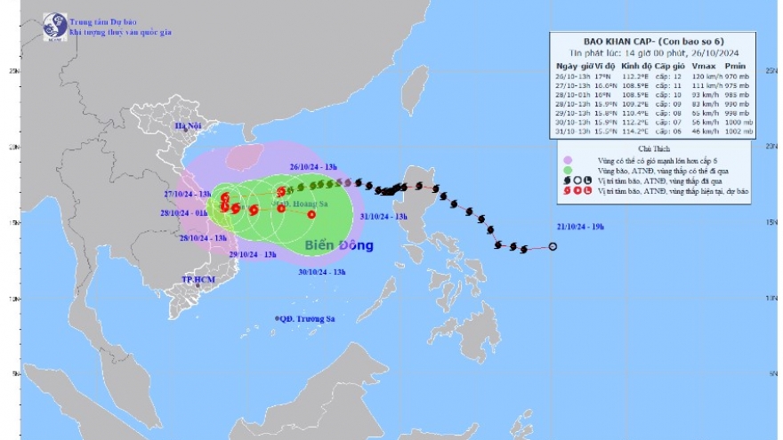 Bão số 6 cách Đà Nẵng khoảng 440km, Quảng Bình đến Quảng Ngãi mưa rất to từ tối nay