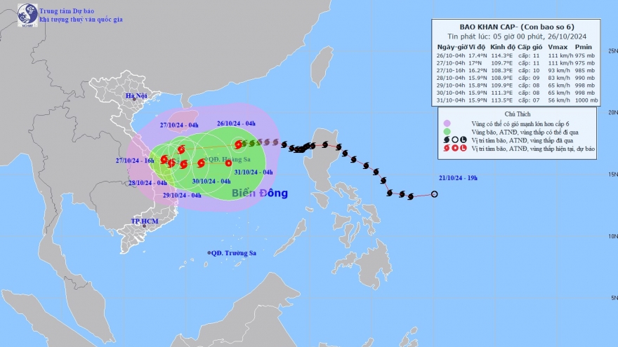 Bão số 6 cách quần đảo Hoàng Sa khoảng 230km, mưa to từ Quảng Trị đến Quảng Ngãi