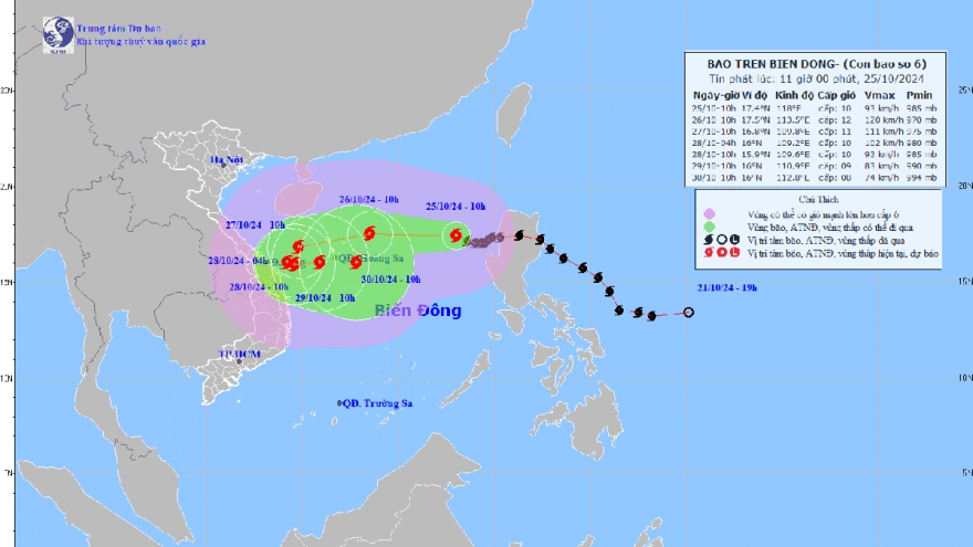 Bão số 6 sức gió vùng tâm bão mạnh nhất 102 km/h