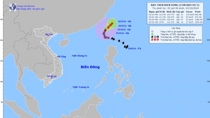Bão số 5 giật cấp 16, dự báo hướng đi mới nhất