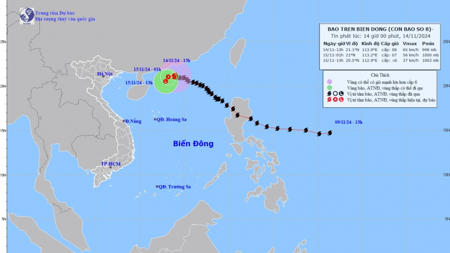 Bão số 8 di chuyển chậm, suy yếu thành áp thấp nhiệt đới trong ngày mai (15/11)
