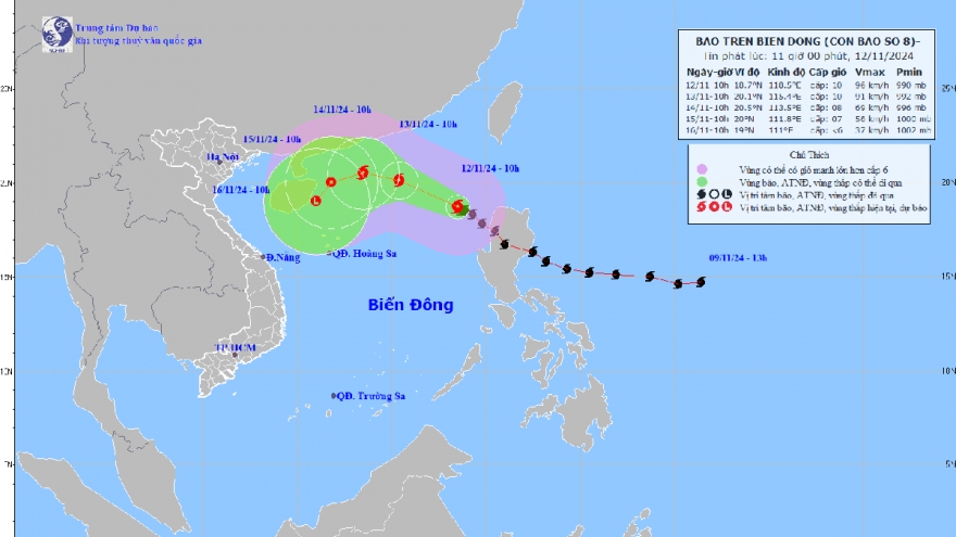 Tâm bão số 8 có sức gió mạnh nhất 102 km/h, giật cấp 12