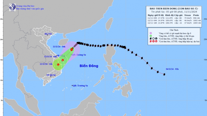 Bão số 7 giật cấp 10, di chuyển theo hướng Tây Nam, tốc độ khoảng 15km/h