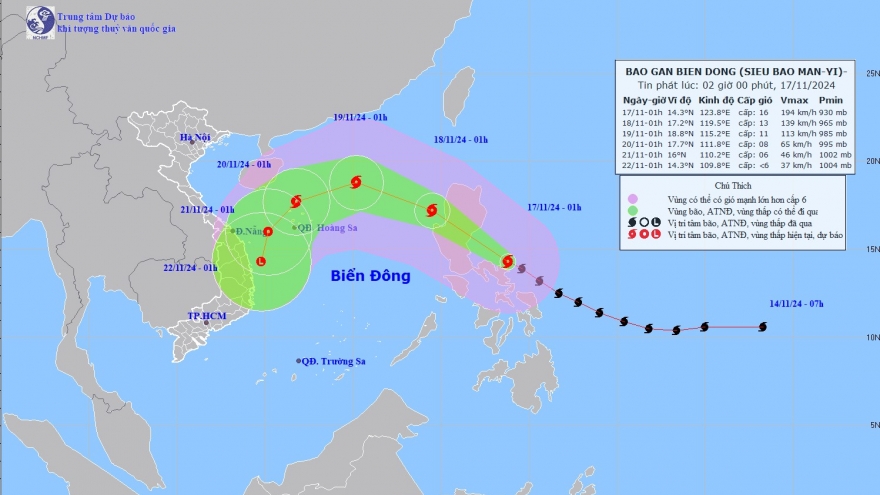 Siêu bão Man-Yi giật trên cấp 17 đang hướng vào Biển Đông
