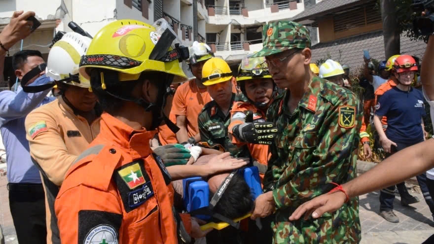 Vietnamese rescue workers save a survivor from Myanmar earthquake