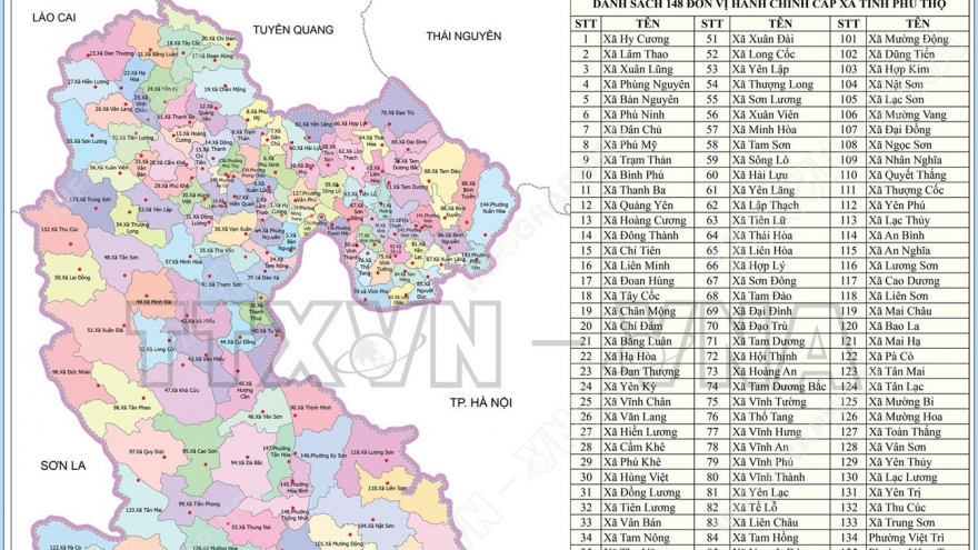 Bản đồ chi tiết 148 đơn vị hành chính cấp xã của Phú Thọ từ ngày 16/6/2025