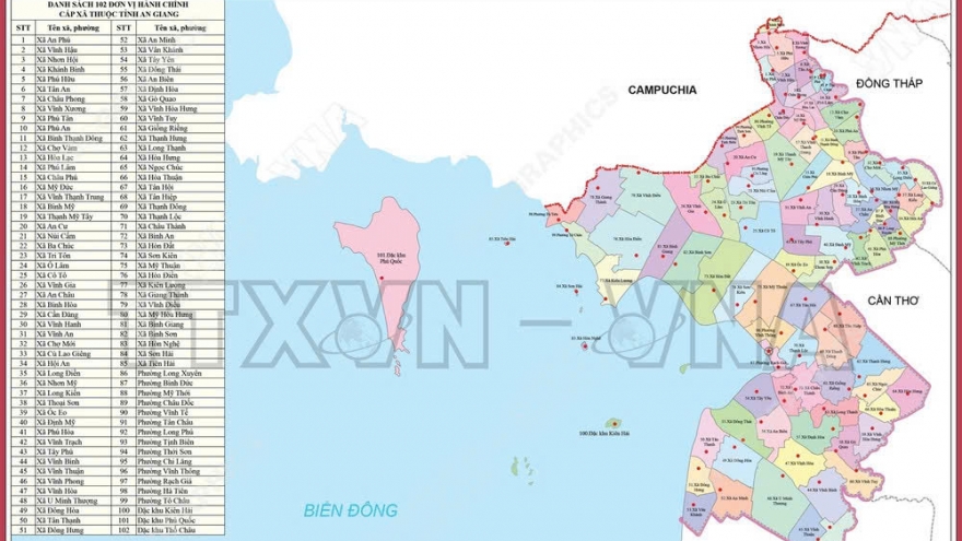 Bản đồ chi tiết 102 đơn vị hành chính cấp xã của An Giang từ ngày 16/6/2025
