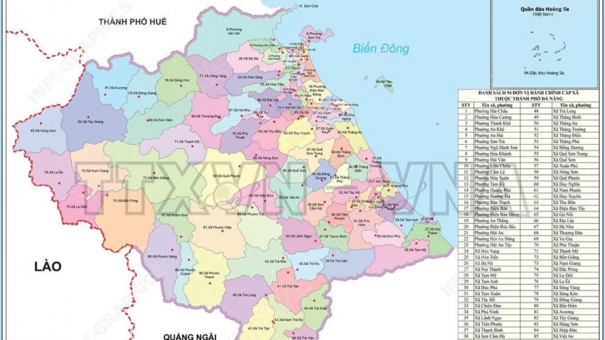Bản đồ chi tiết 94 đơn vị hành chính cấp xã của TP Đà Nẵng từ ngày 16/6/2025