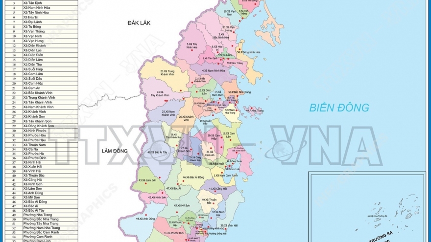 Bản đồ chi tiết 65 đơn vị hành chính cấp xã của Khánh Hòa từ ngày 16/6/2025