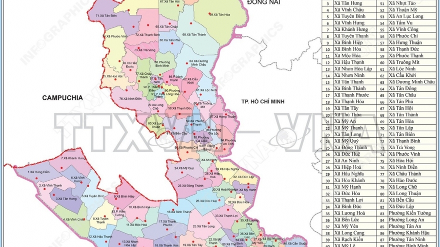 Bản đồ chi tiết 96 đơn vị hành chính cấp xã của Tây Ninh từ ngày 16/6/2025