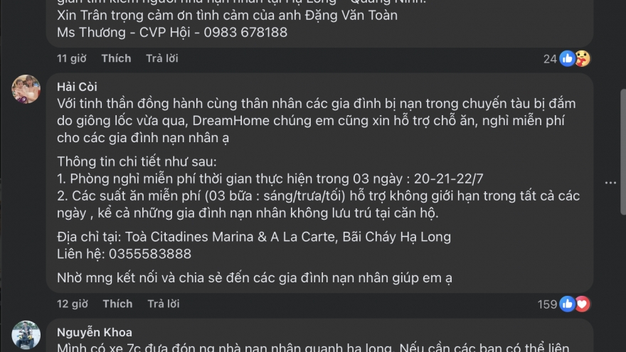 Khách sạn, người dân Quảng Ninh hỗ trợ miễn phí gia đình các nạn nhân vụ lật tàu