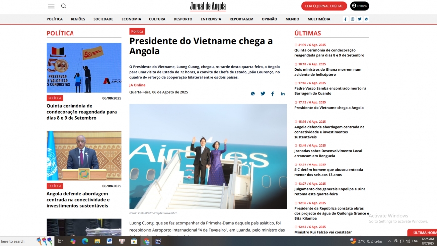 Báo chí Angola đồng loạt đưa tin về chuyến thăm của Chủ tịch nước Lương Cường
