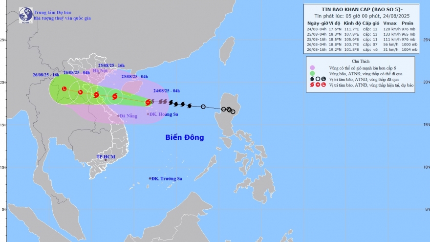 Bão số 5 giật cấp 12 đang cách Nghệ An, Hà Tĩnh khoảng 640km