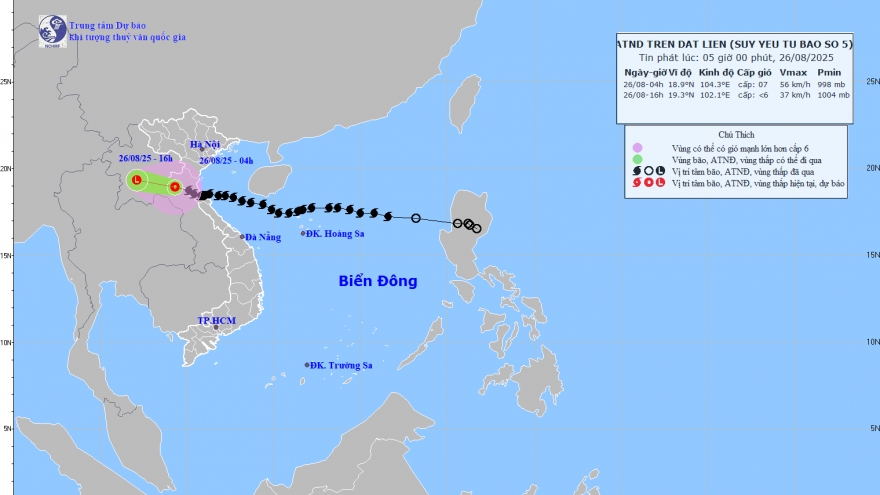 Bão số 5 suy yếu thành áp thấp nhiệt đới