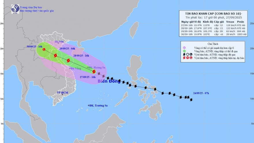 Bão số 10 (Bualoi) tiếp tục di chuyển nhanh, cách đặc khu Hoàng Sa khoảng 170km