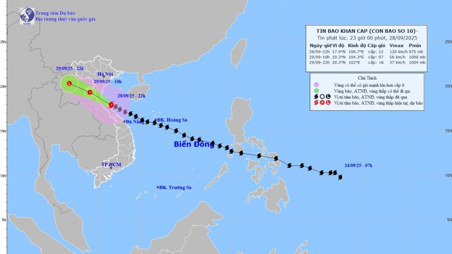 Dự báo sáng 29/9, bão số 10 đi vào đất liền các tỉnh Nghệ An - Hà Tĩnh