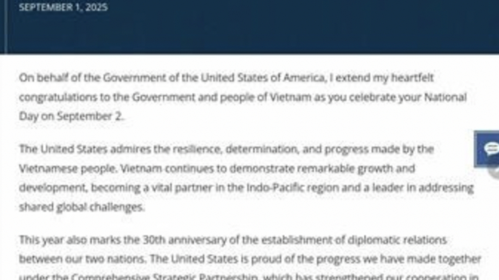 US Secretary of State congratulates Vietnam on 80th National Day
