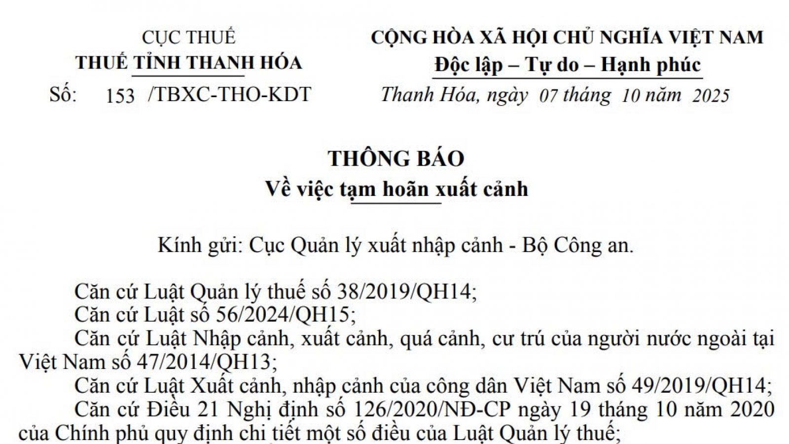 Hàng loạt giám đốc, người đại diện doanh nghiệp ở Thanh Hóa bị tạm hoãn xuất cảnh