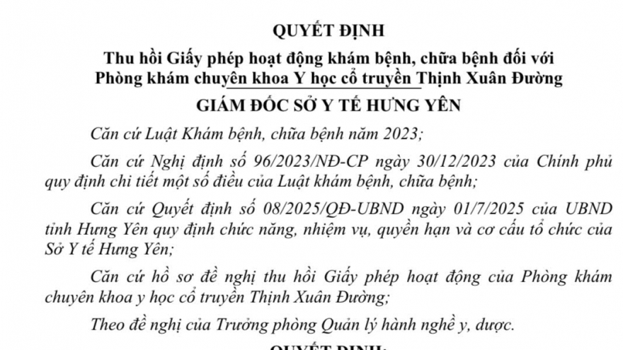 Thu hồi giấy phép hoạt động tại phòng khám chuyên khoa Thịnh Xuân Đường