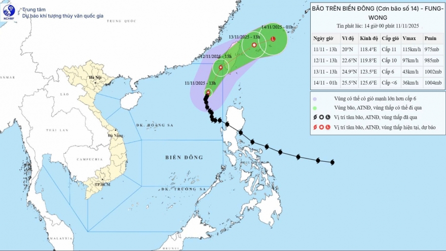 Bão số 14 mạnh cấp 11, giật cấp 14 trên Biển Đông