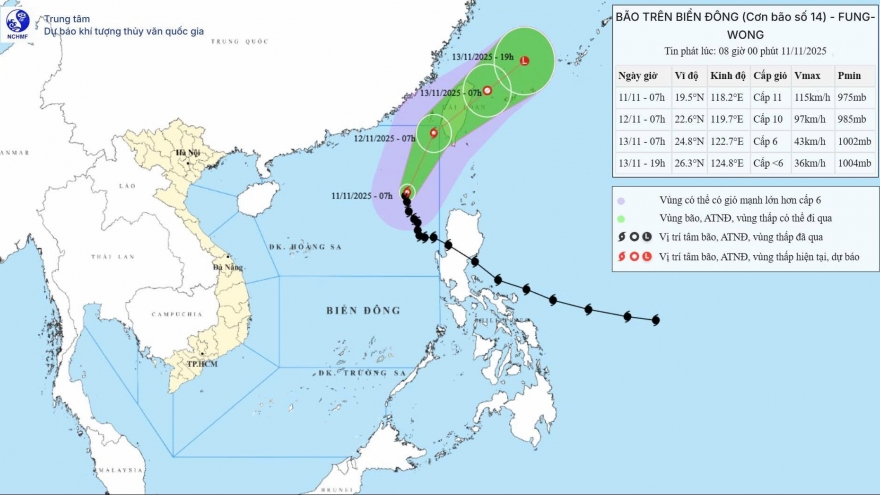 Bão số 14 mạnh cấp 11, giật cấp 14 đang di chuyển lên phía Bắc Biển Đông