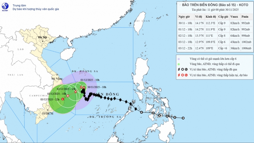 Bão số 15 di chuyển chậm, tiến sát vùng biển tỉnh Gia Lai - Đắk Lắk