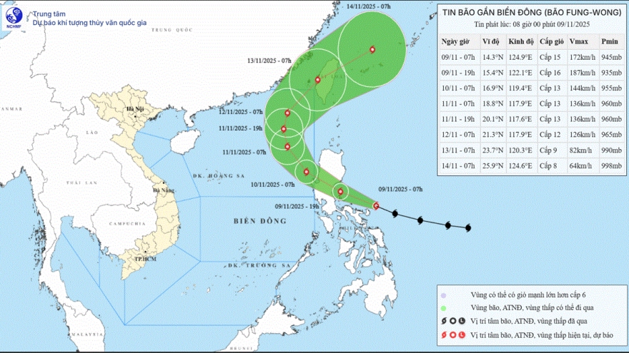 Bão Fung Wong cấp 15 đang tiến vào Biển Đông, tốc độ 30 km/h