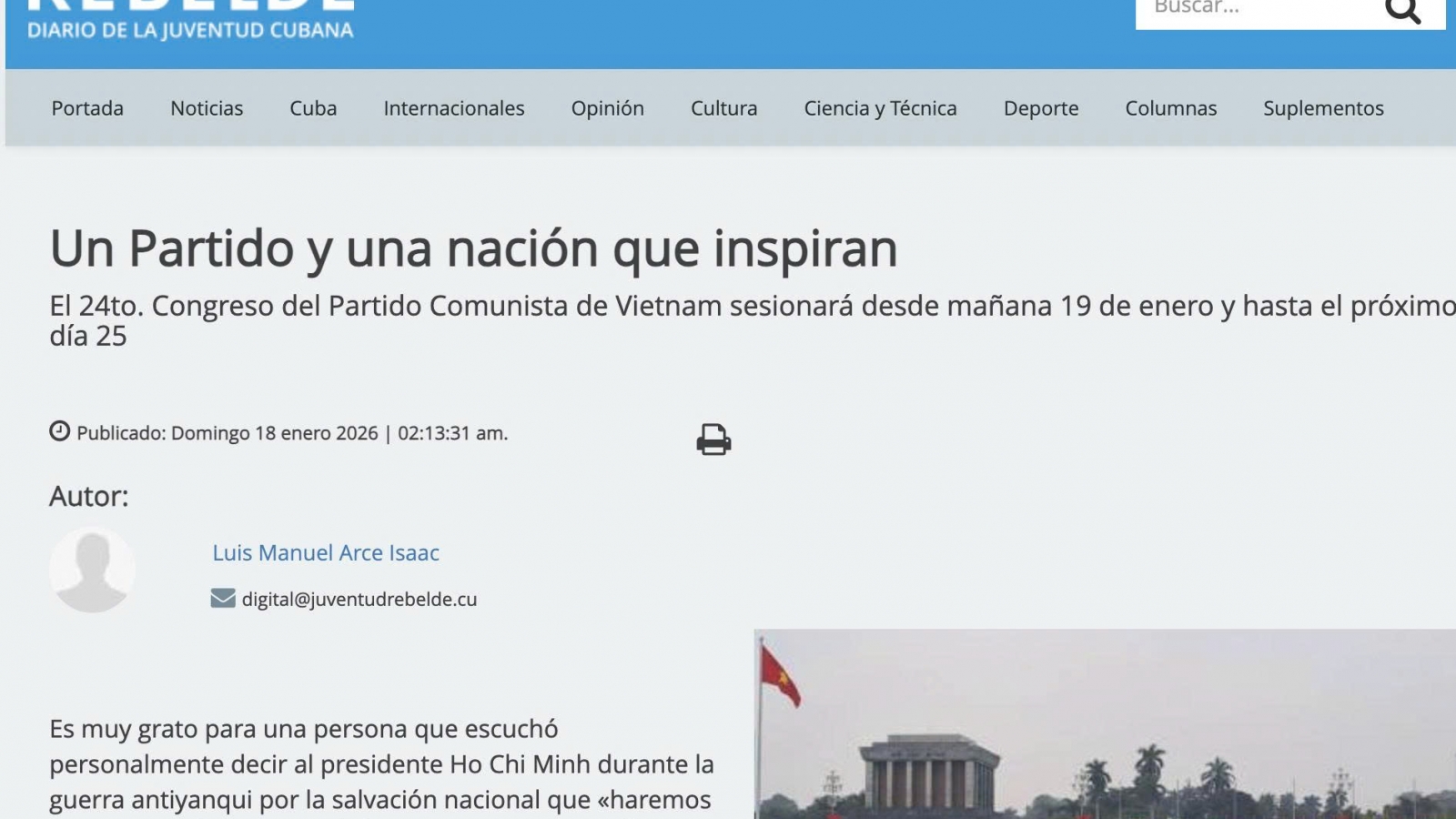 Báo “Thanh niên quật khởi” của Cuba đưa bài bình luận về Đại hội XIV