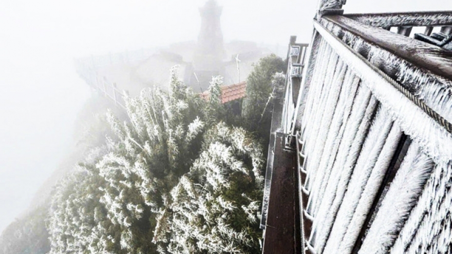 Fansipan temperature drops to -3°C as frost blankets peak