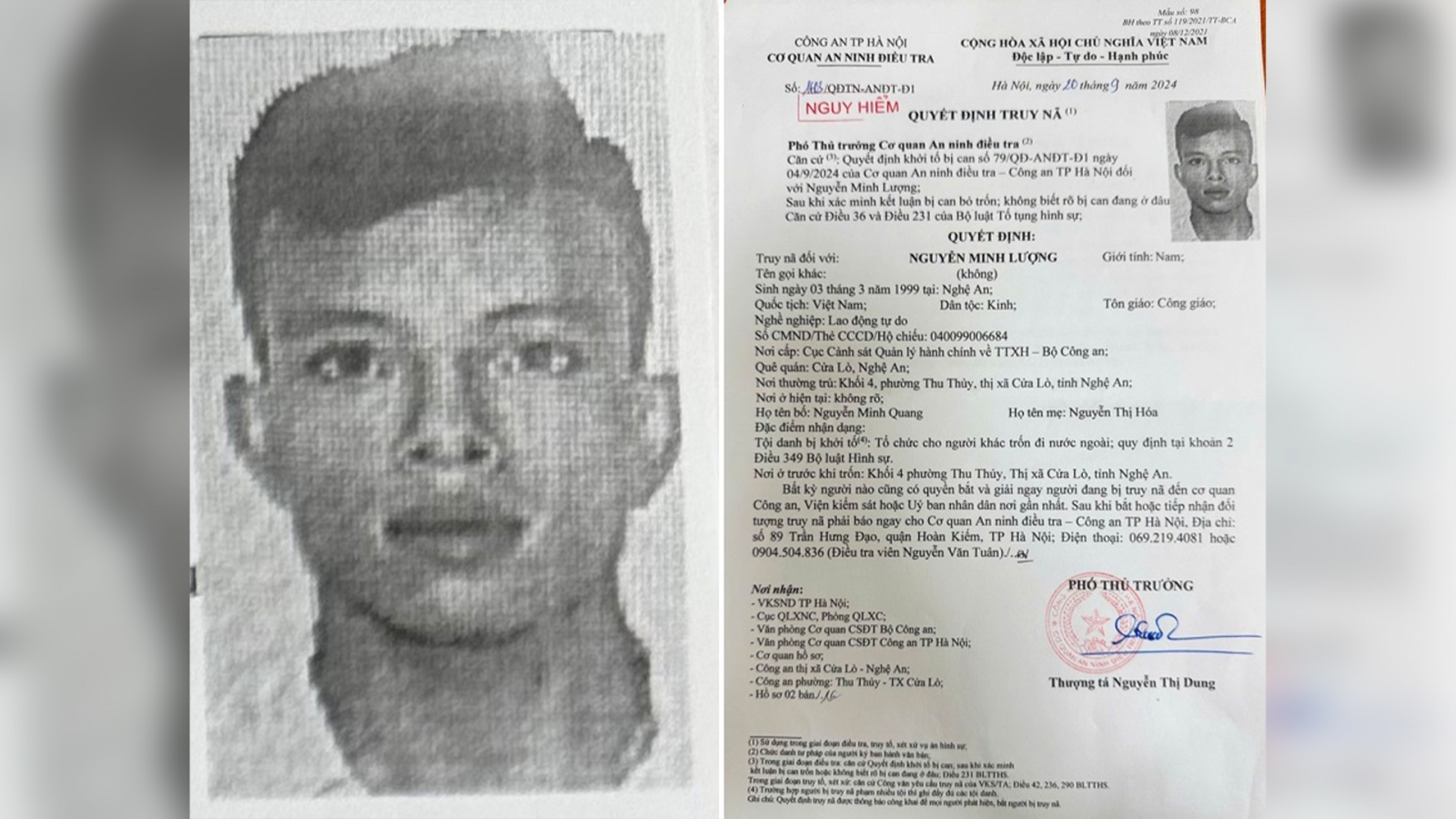 Truy nã Nguyễn Minh Lượng về tội tổ chức cho người khác trốn đi nước ngoài