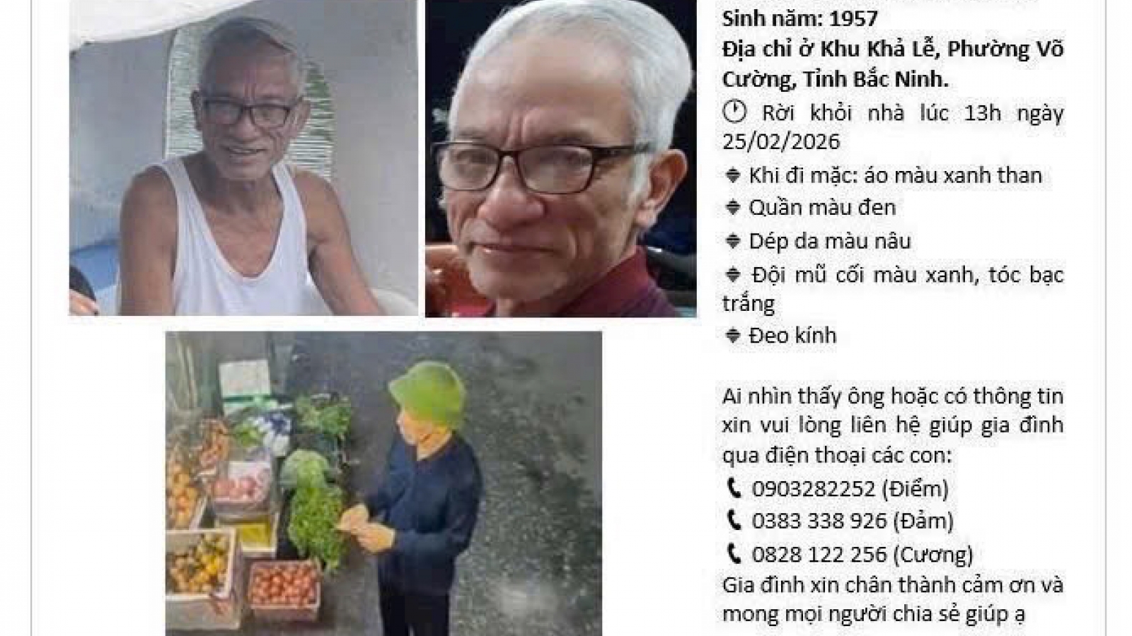 Gia đình tìm ông Nguyễn Đức Kiểm ở Bắc Ninh đi lạc